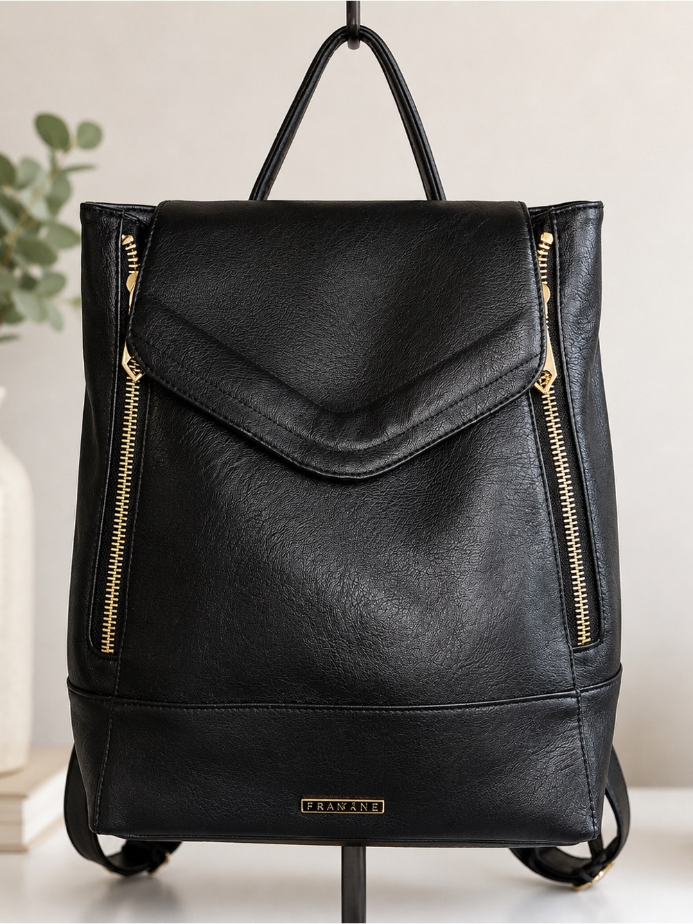 Rampage Black Faux Leather Backpack with Gold Zippers